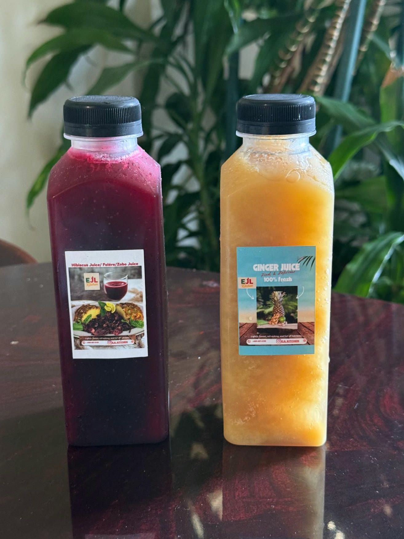 EJL Organic Juices — hibiscus and ginger bottles